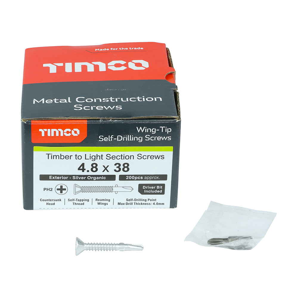TIMCO Self-Drilling Wing-Tip Steel to Timber Light Section Exterior Silver Screws - 4.8 x 38 - Image