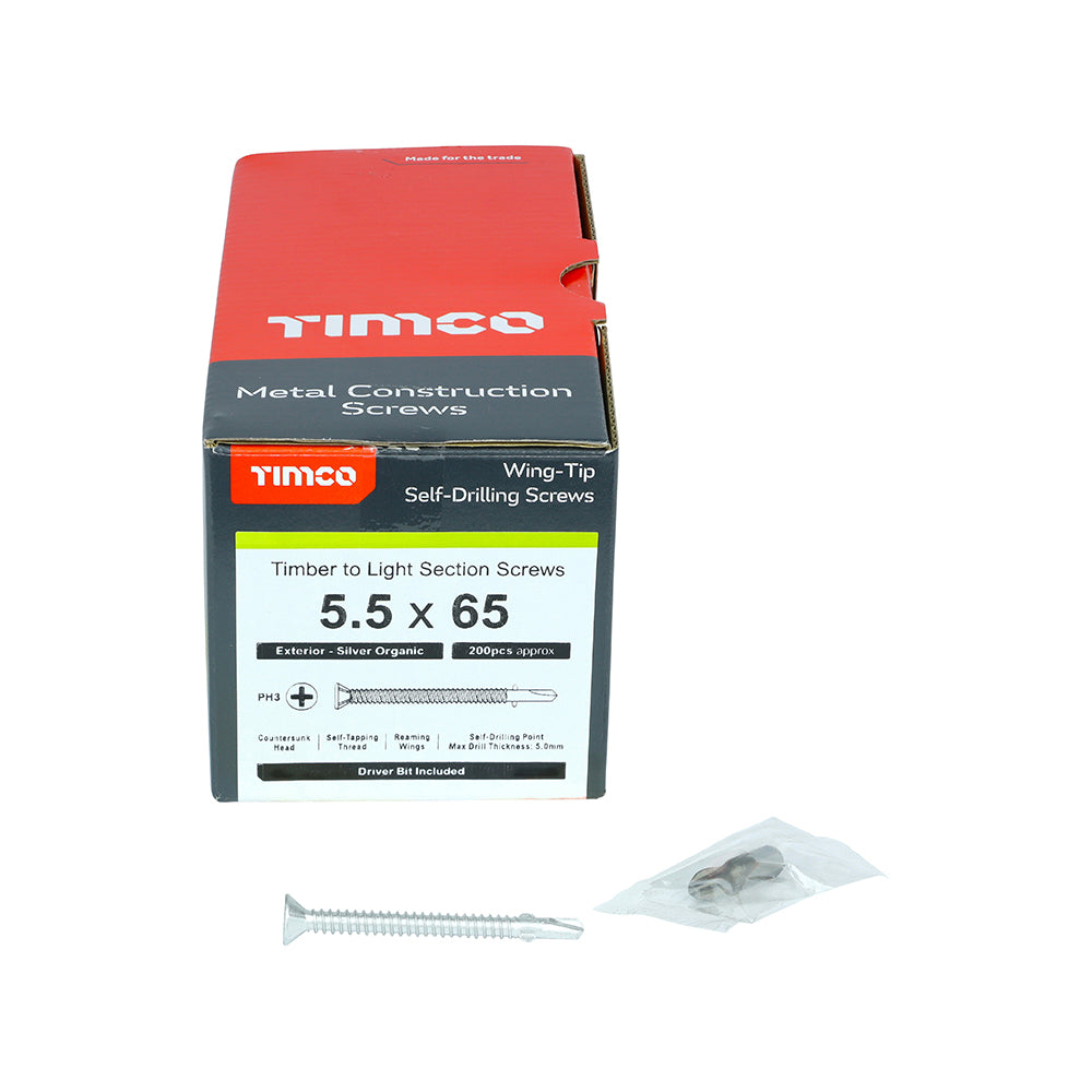 TIMCO Self-Drilling Wing-Tip Steel to Timber Light Section Exterior Silver Screws - 5.5 x 65 - Image