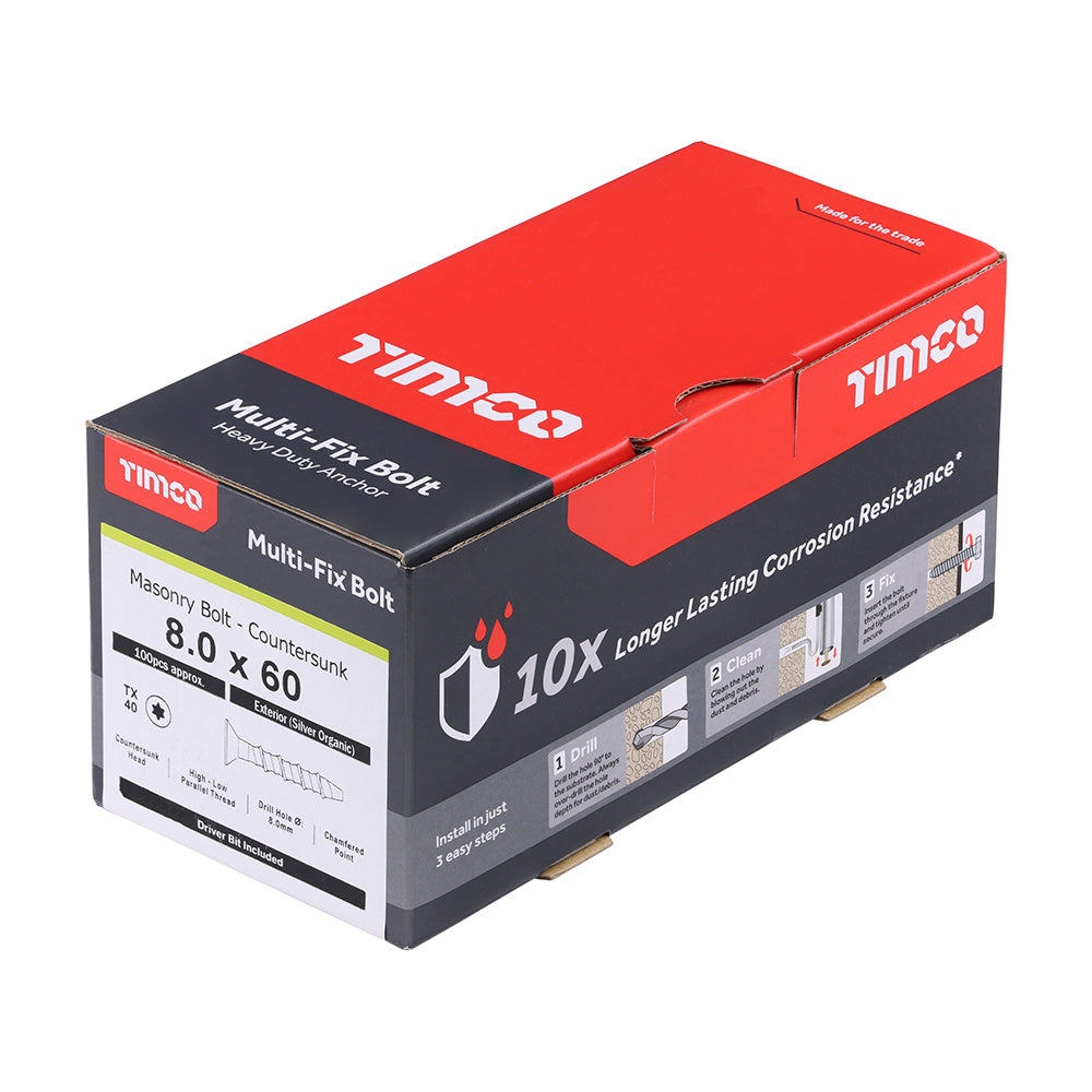 TIMCO Multi-Fix Bolt Countersunk Exterior Silver - 8.0 x 60/M10 - Image