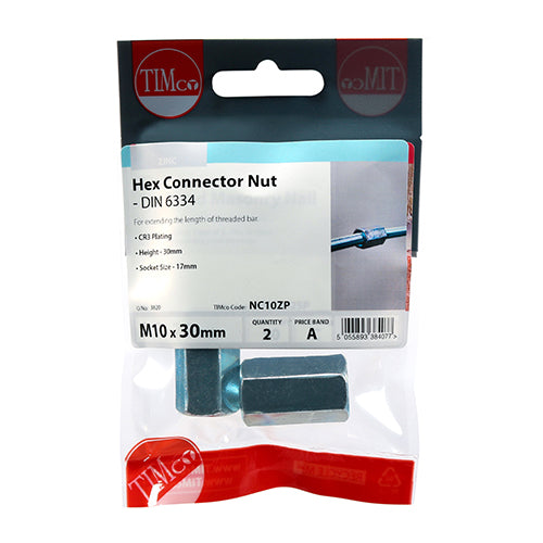 TIMCO Hex Connector Nuts DIN6334 Silver - M10 - Image