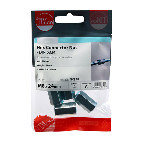 TIMCO Hex Connector Nuts DIN6334 Silver - M8 - Image