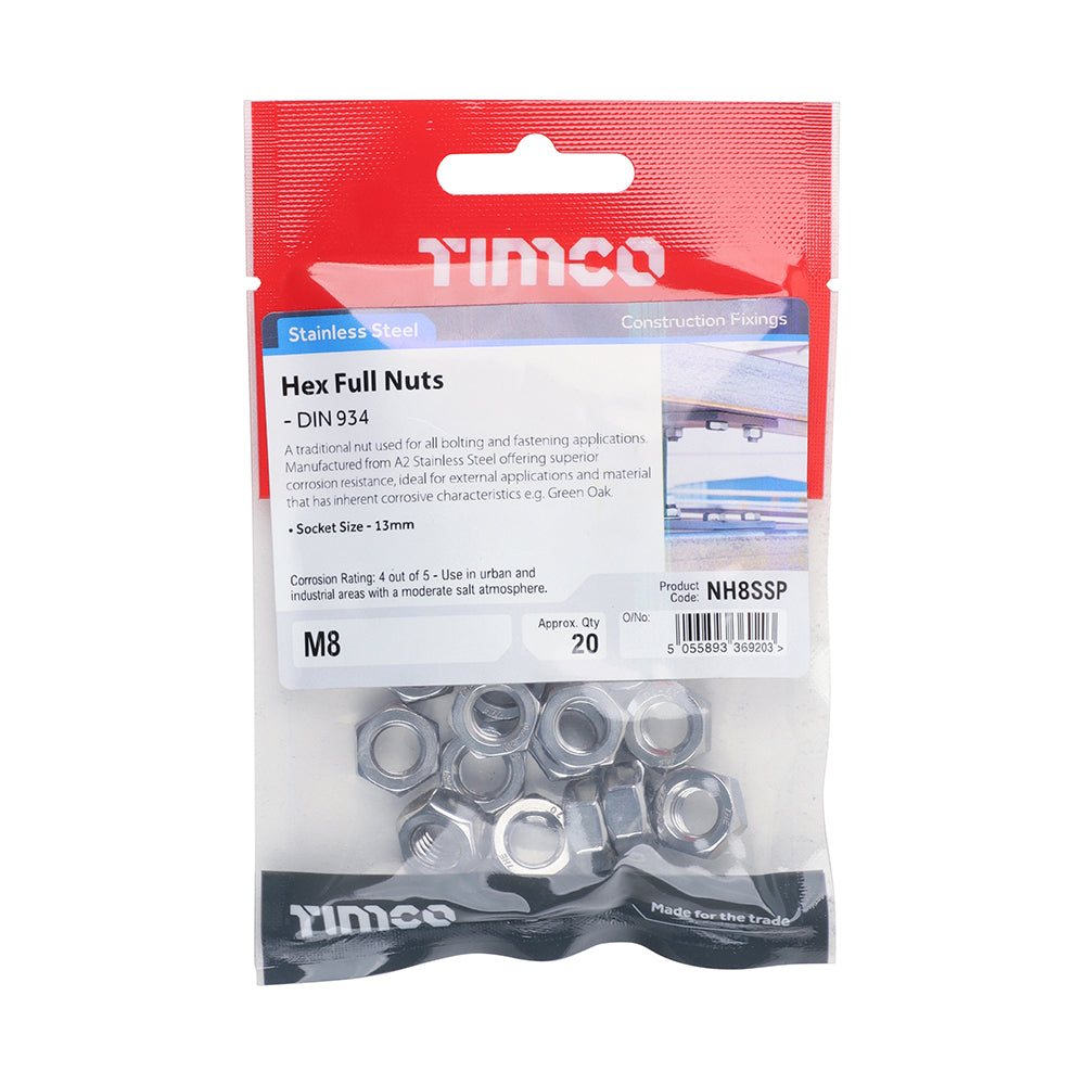TIMCO Hex Full Nuts DIN934 A2 Stainless Steel - M8 - Image