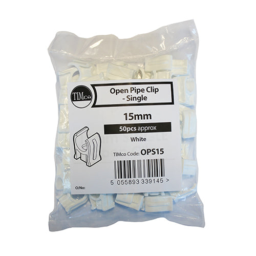Single Snap-In Open Pipe Clips White - 15mm - Image