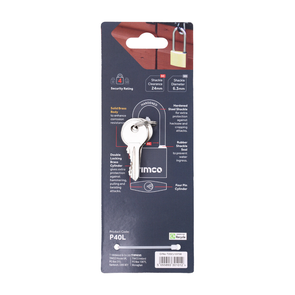 TIMCO Brass Padlock Long Shackle - 40mm - Image