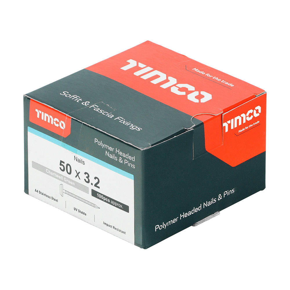 TIMCO Polymer Headed Nails A4 Stainless Steel Chartwell Green - 50mm - Image
