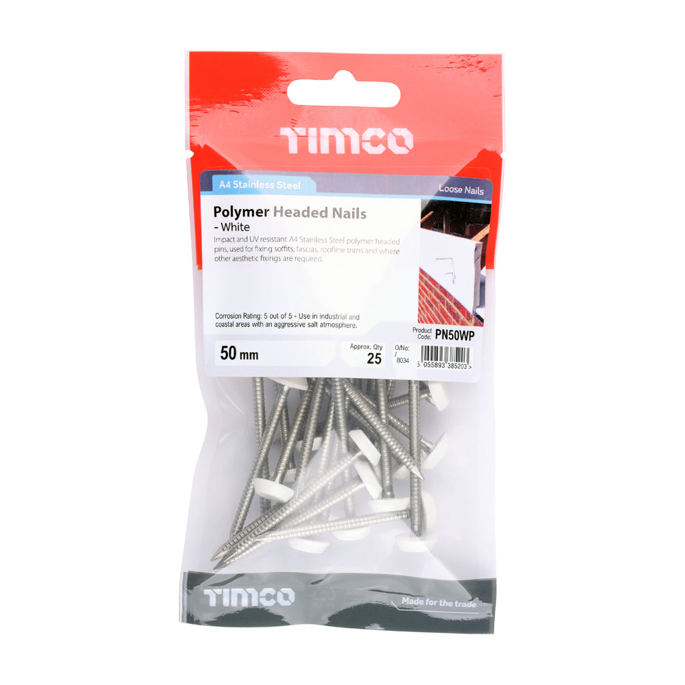 TIMCO Polymer Headed Nails A4 Stainless Steel White - 50mm - Image