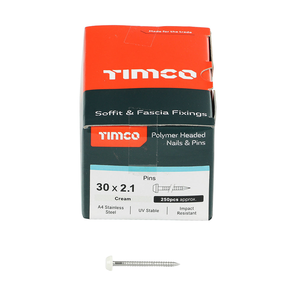 TIMCO Polymer Headed Pins A4 Stainless Steel Cream - 30mm - Image