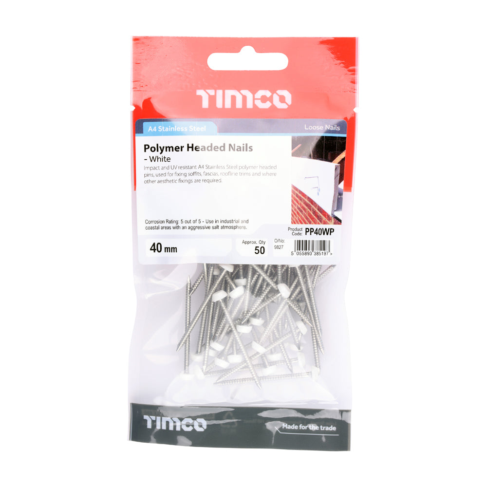 TIMCO Polymer Headed Pins A4 Stainless Steel White - 40mm - Image