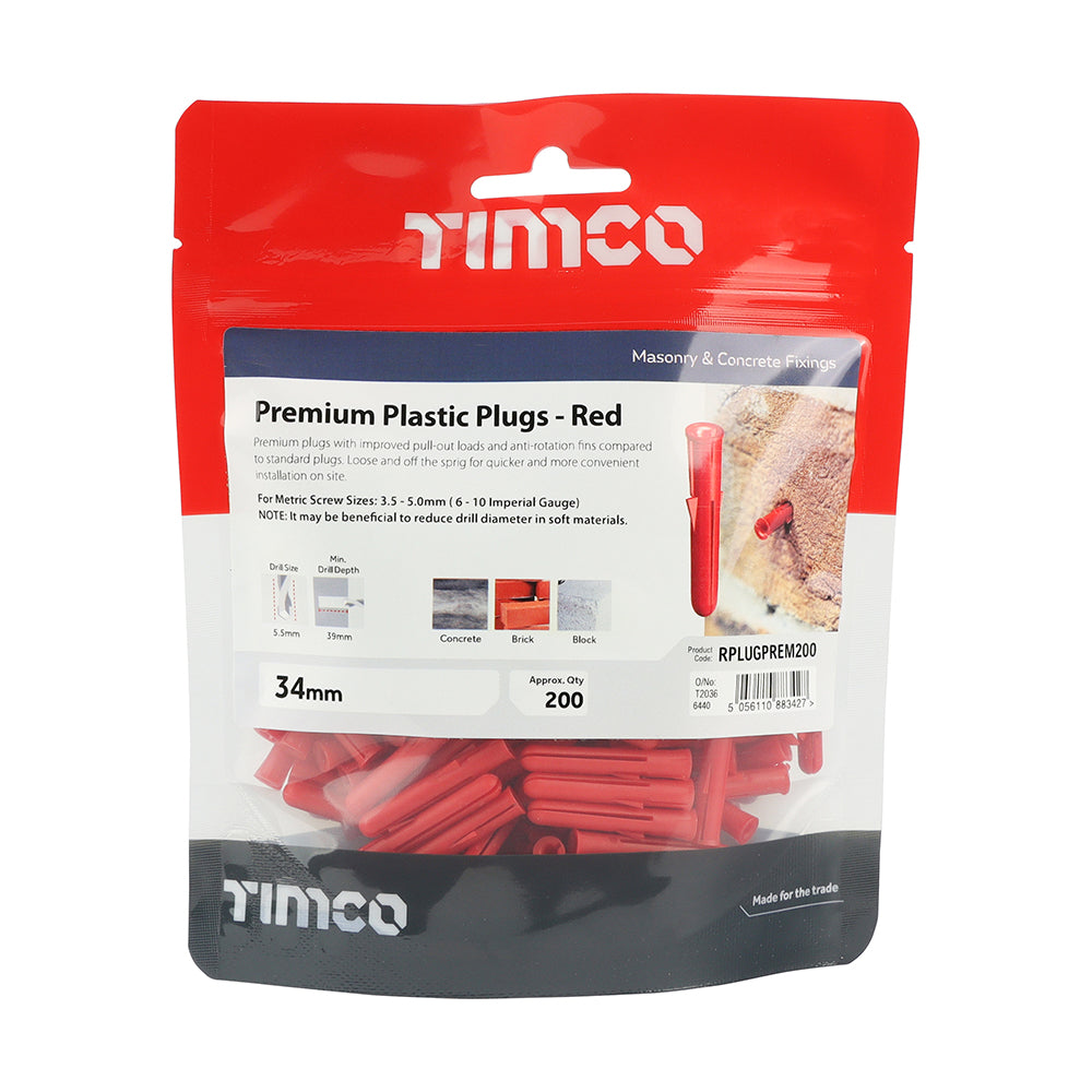 TIMCO Red Premium Plastic Plugs - 34mm - Image
