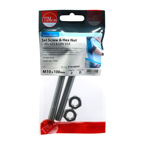 TIMCO Set Screws DIN933 Hex & Nut DIN934 Silver A2 Stainless Steel - M10 x 100 - Image