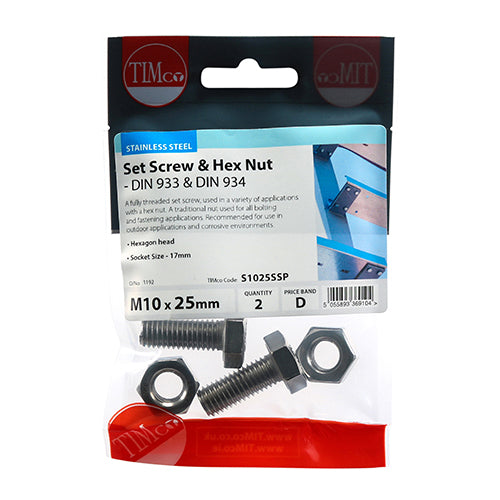 TIMCO Set Screws DIN933 Hex & Nut DIN934 Silver A2 Stainless Steel - M10 x 25 - Image