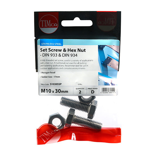 TIMCO Set Screws DIN933 Hex & Nut DIN934 Silver A2 Stainless Steel - M10 x 30 - Image