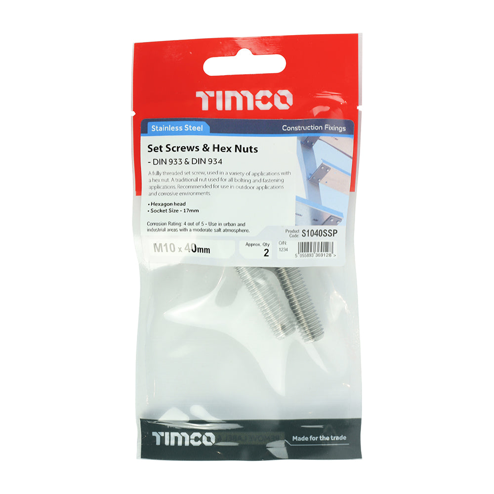TIMCO Set Screws DIN933 Hex & Nut DIN934 Silver A2 Stainless Steel - M10 x 40 - Image