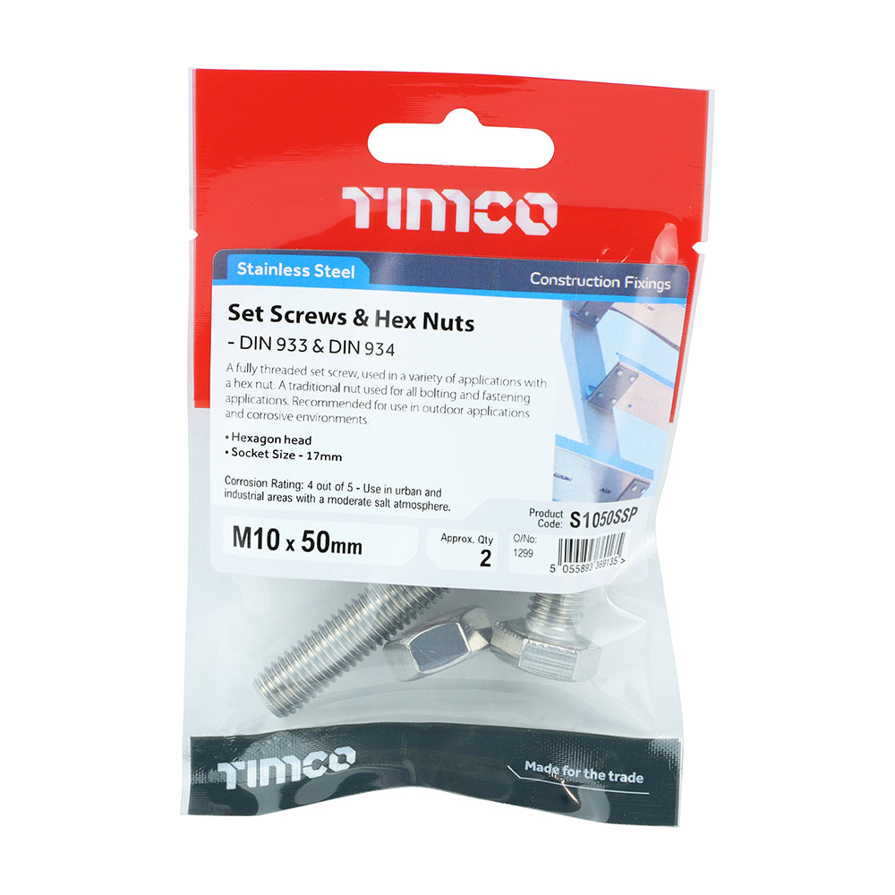 TIMCO Set Screws DIN933 Hex & Nut DIN934 Silver A2 Stainless Steel - M10 x 50 - Image