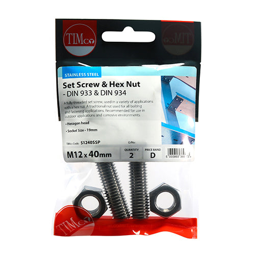 TIMCO Set Screws DIN933 Hex & Nut DIN934 Silver A2 Stainless Steel - M12 x 40 - Image