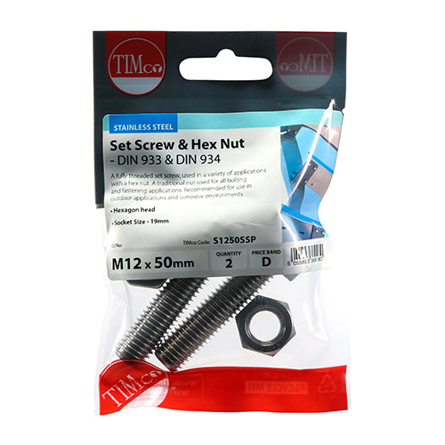 TIMCO Set Screws DIN933 Hex & Nut DIN934 Silver A2 Stainless Steel - M12 x 50 - Image