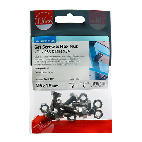 TIMCO Set Screws DIN933 Hex & Nut DIN934 Silver A2 Stainless Steel - M6 x 16 - Image
