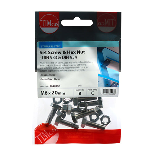 TIMCO Set Screws DIN933 Hex & Nut DIN934 Silver A2 Stainless Steel - M6 x 20 - Image