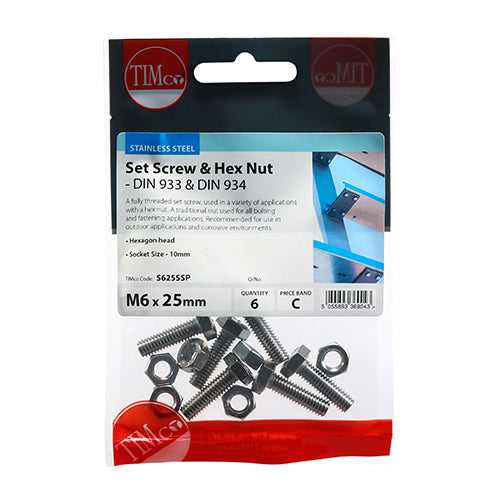 TIMCO Set Screws DIN933 Hex & Nut DIN934 Silver A2 Stainless Steel - M6 x 25 - Image