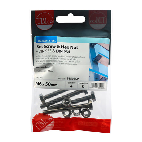 TIMCO Set Screws DIN933 Hex & Nut DIN934 Silver A2 Stainless Steel - M6 x 50 - Image