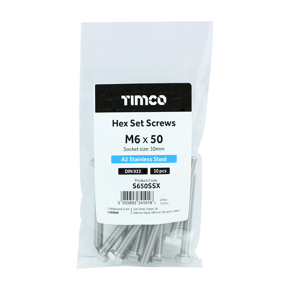 TIMCO Set Screws DIN933 A2 Stainless Steel - M6 x 50 - Image