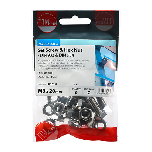 TIMCO Set Screws DIN933 Hex & Nut DIN934 Silver A2 Stainless Steel - M8 x 20 - Image