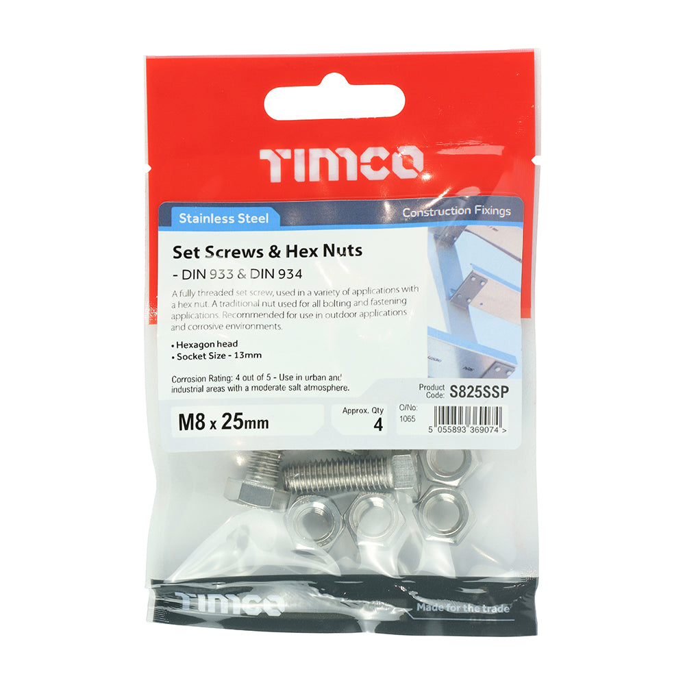 TIMCO Set Screws DIN933 Hex & Nut DIN934 Silver A2 Stainless Steel - M8 x 25 - Image