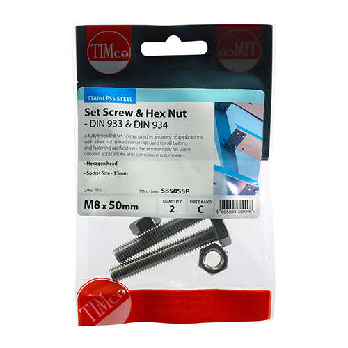 TIMCO Set Screws DIN933 Hex & Nut DIN934 Silver A2 Stainless Steel - M8 x 50 - Image