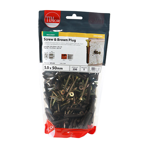TIMCO Brown Premium Plastic Plugs With Twin-Threaded Countersunk Silver Woodscrews - 35mm Brown Plug, 5.0x50 Screw - Image
