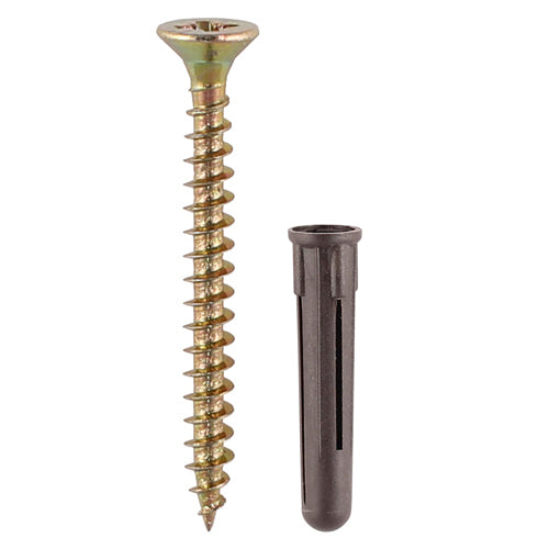 TIMCO Brown Premium Plastic Plugs With Twin-Threaded Countersunk Silver Woodscrews - 35mm Brown Plug, 5.0x50 Screw - Image