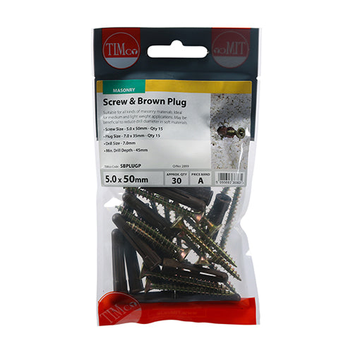 TIMCO Brown Premium Plastic Plugs With Twin-Threaded Countersunk Silver Woodscrews - 35mm Brown Plug, 5.0x50 Screw - Image