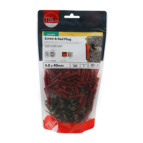 TIMCO Red Plastic Plugs with Screws - 30mm Red Plug, 4.0x40 Screw - Image
