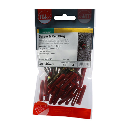 TIMCO Red Plastic Plugs with Screws - 30mm Red Plug, 4.0x40 Screw - Image