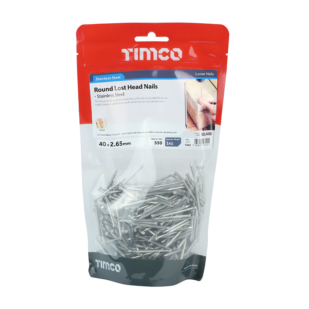 TIMCO Round Lost Head Nails A2 Stainless Steel - 40 x 2.65 - Image
