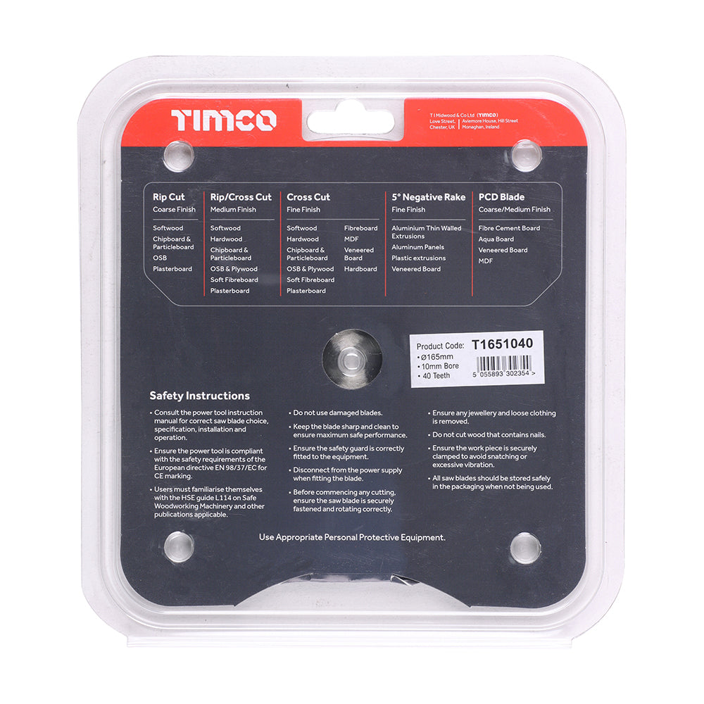 TIMCO Handheld Cordless Circular Saw Blade - 165 x 10 x 40T - Image