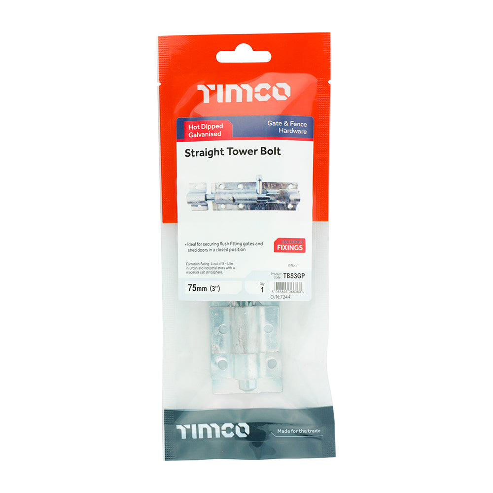 TIMCO Straight Tower Bolt Hot Dipped Galvanised - 3" - Image