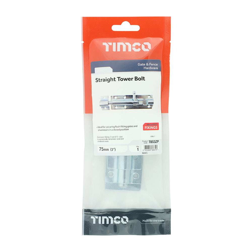 TIMCO Straight Tower Bolt Silver - 3" - Image