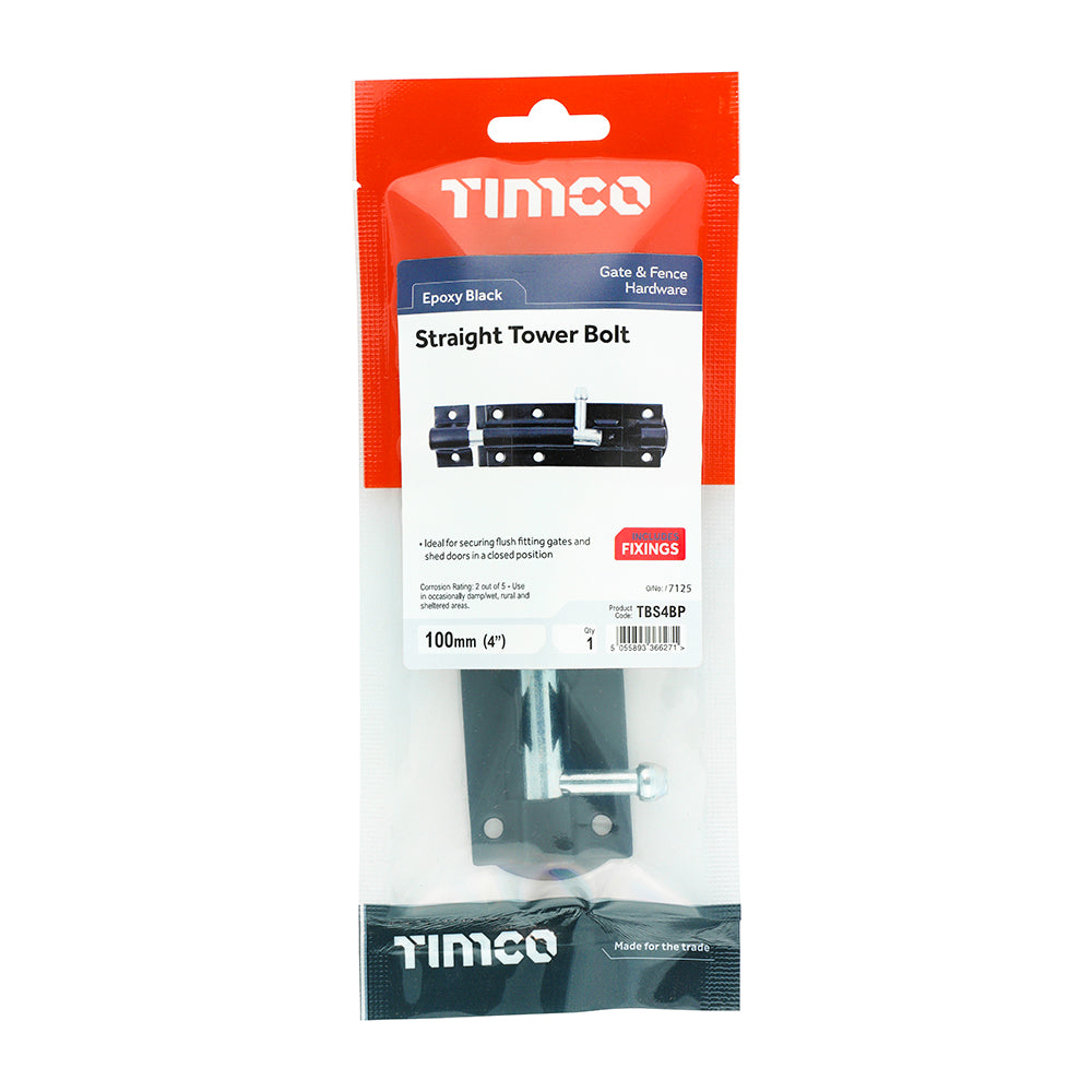 TIMCO Straight Tower Bolt Black - 4" - Image