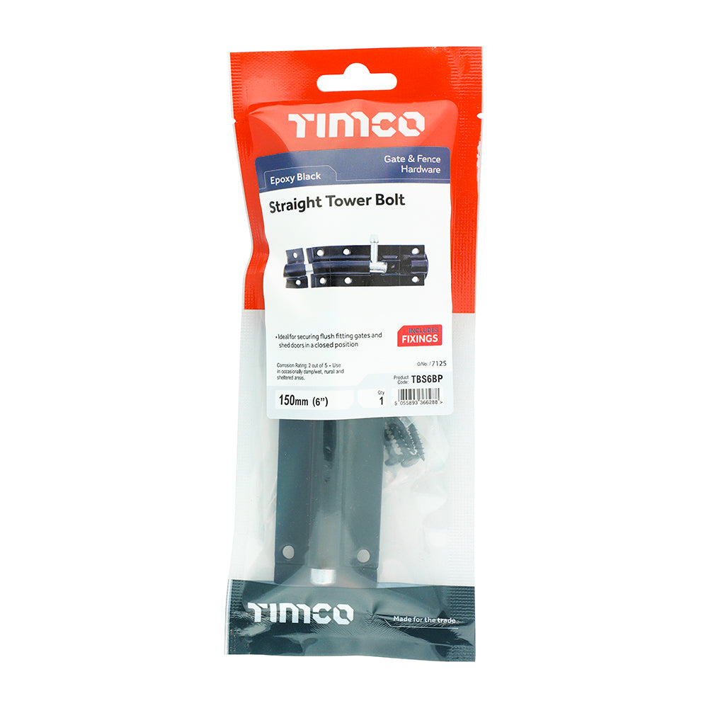 TIMCO Straight Tower Bolt Black - 6" - Image
