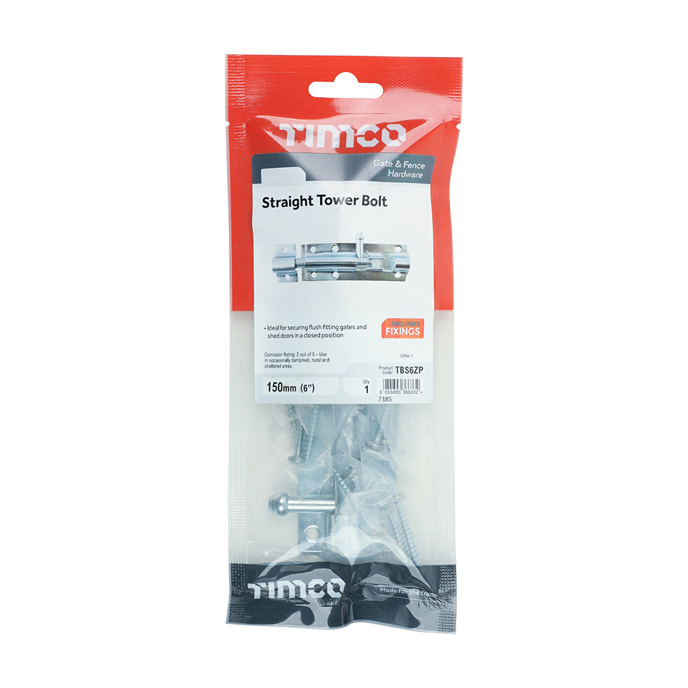 TIMCO Straight Tower Bolt Silver - 6" - Image