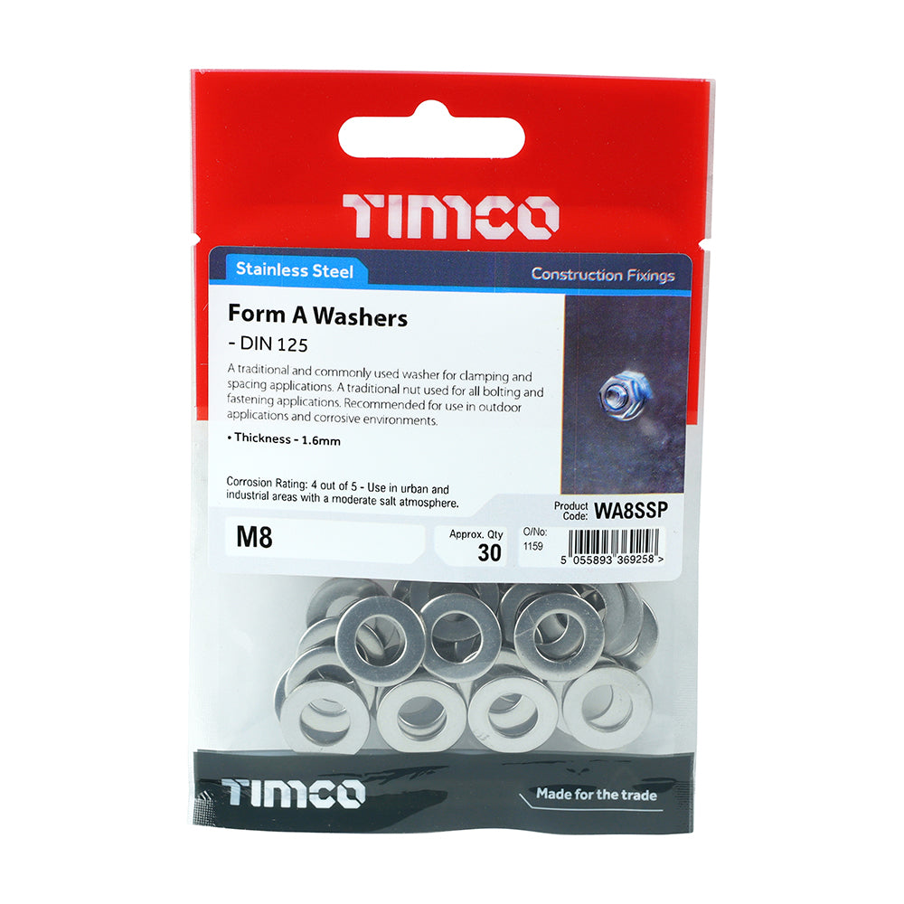 TIMCO Form A Washers DIN125-A A2 Stainless Steel - M8 - Image