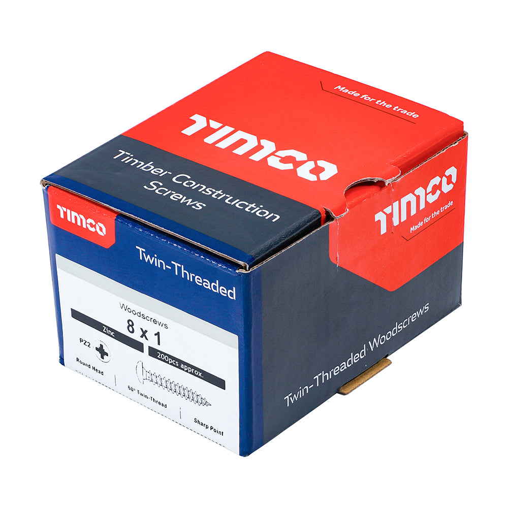 TIMCO Twin-Threaded Round Head Silver Woodscrews - 8 x 1 - Image