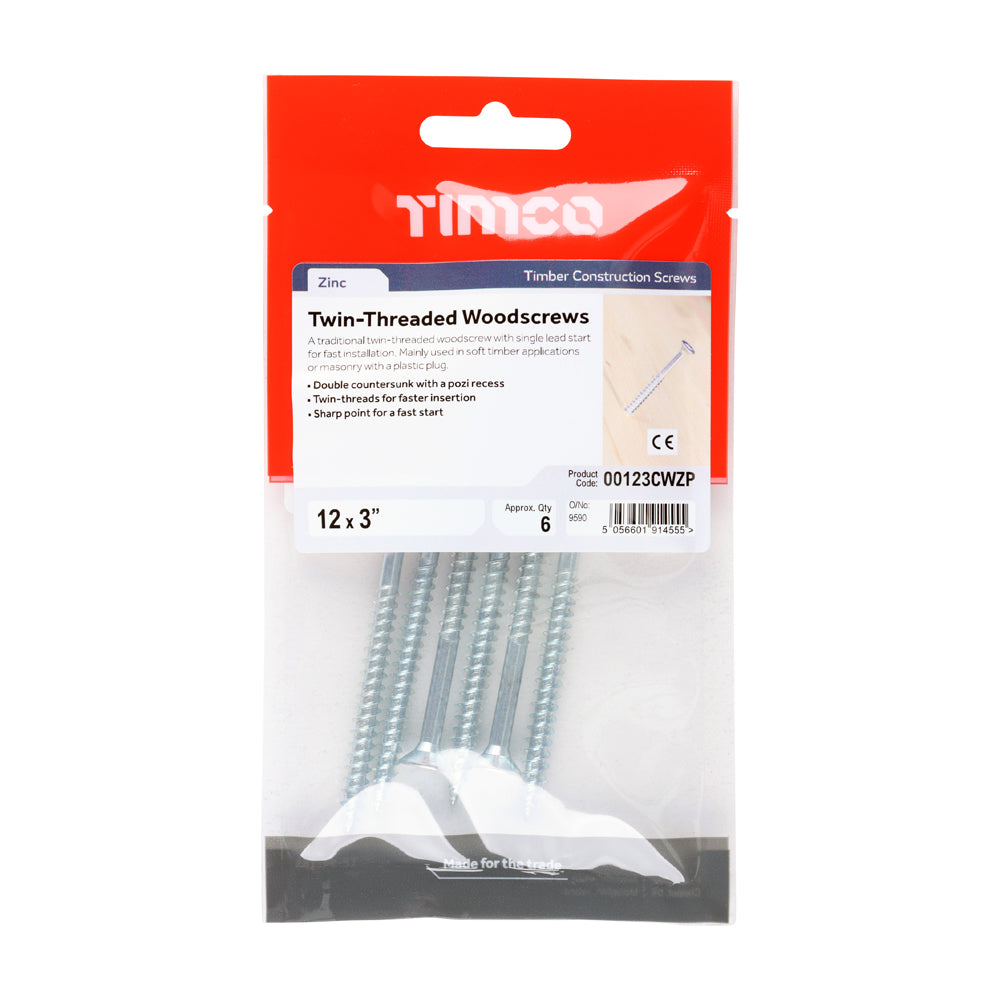 TIMCO Twin-Threaded Woodscrews - PZ - Double Countersunk - Zinc - 12 x 3 - Image