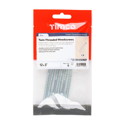 TIMCO Twin-Threaded Woodscrews - PZ - Double Countersunk - Zinc - 12 x 3 - Image