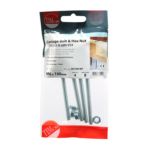 TIMCO Carriage Bolts DIN603 & Hex Full Nut DIN934 Silver - M6 x 100 - Image