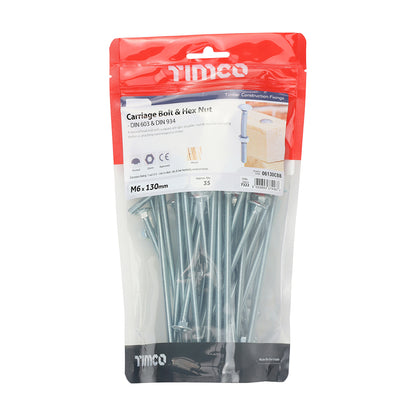 TIMCO Carriage Bolts DIN603 & Hex Full Nut DIN934 Silver - M6 x 130 - Image
