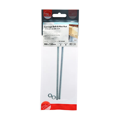 TIMCO Carriage Bolts DIN603 & Hex Full Nut DIN934 Silver - M6 x 150 - Image