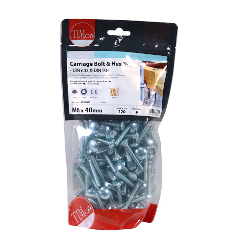 TIMCO Carriage Bolts DIN603 & Hex Full Nut DIN934 Silver - M6 x 40 - Image