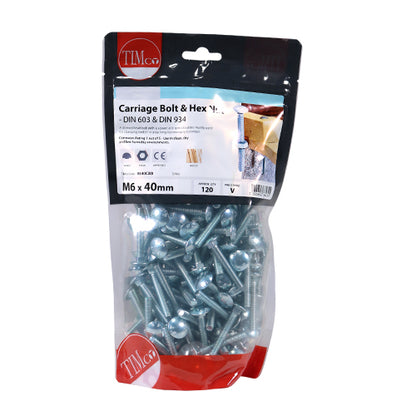 TIMCO Carriage Bolts DIN603 & Hex Full Nut DIN934 Silver - M6 x 40 - Image