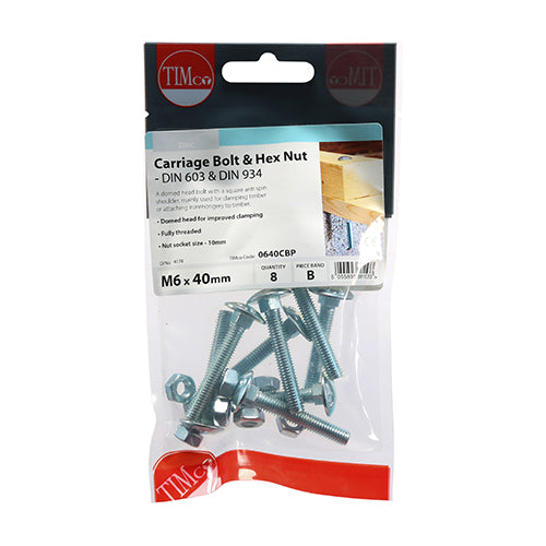 TIMCO Carriage Bolts DIN603 & Hex Full Nut DIN934 Silver - M6 x 40 - Image